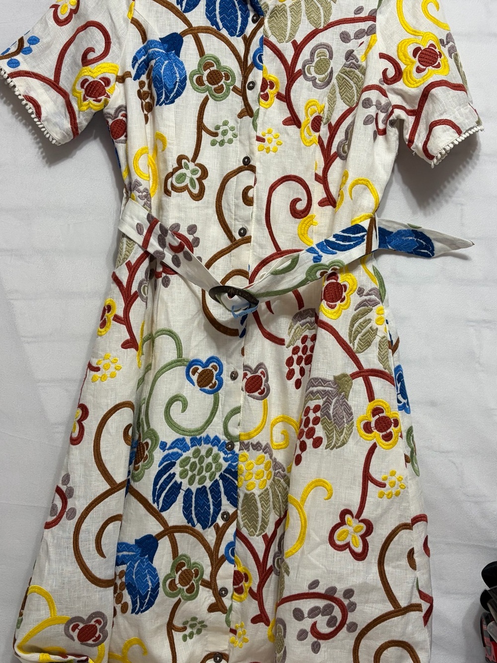Never A Wallflower Ivory Linen Maxi,Multicolored Textured Embroidery, Resort